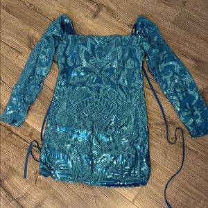 Teal Long Sleeve Lace Dress